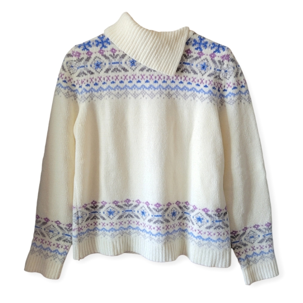 Vintage Nordic Fair Isle Chenille Sweater Cream Blue Lilac size medium petite
